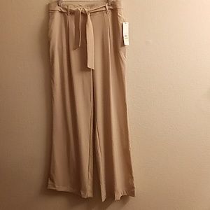 NEW Calvin Klein Women's Size 14 Wide Legs Cream Color Pants Sash Zip Up A25